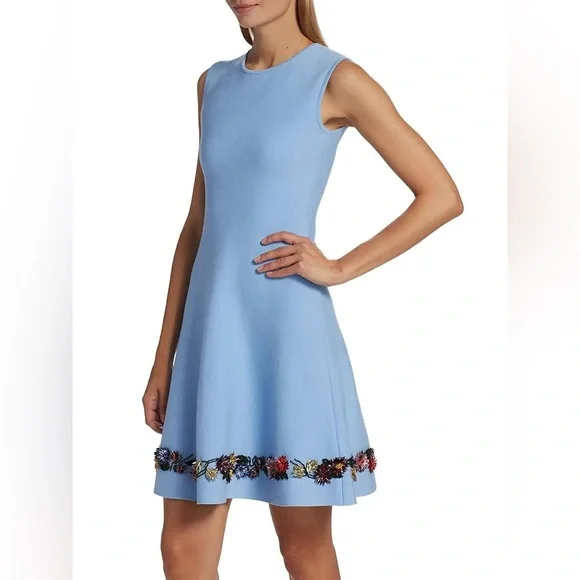 OSCAR DE LA RENTA Floral Crystal-Embroidered Fit-and-Flare Mini Dress Size M